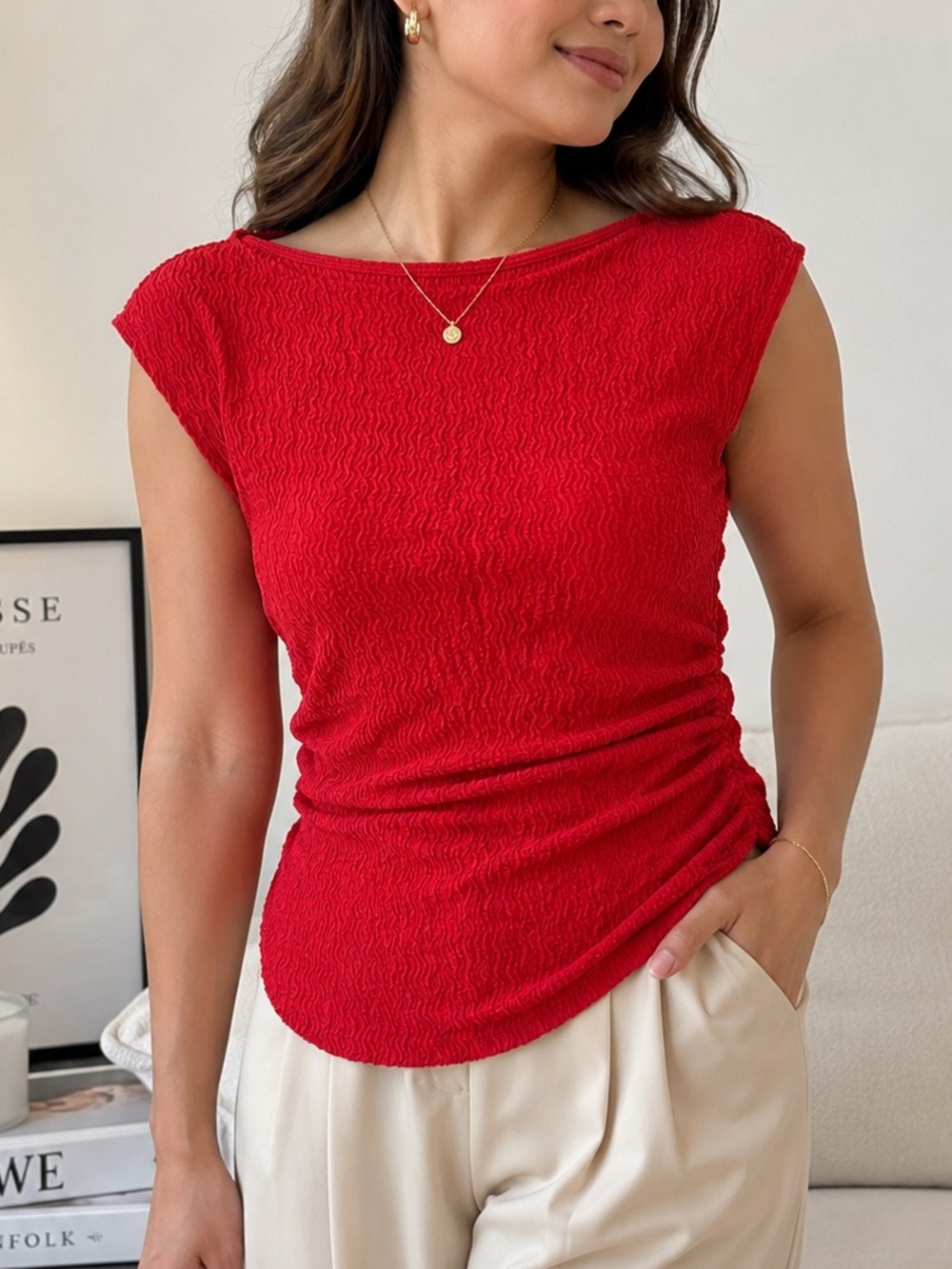 H&M Red Textured Cap-Sleeve Tank Top